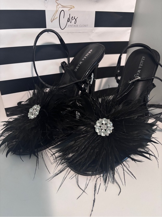 AZALEA Shoes - Azalea Wang Black Feather Slingback Heels with Crystal Rosette